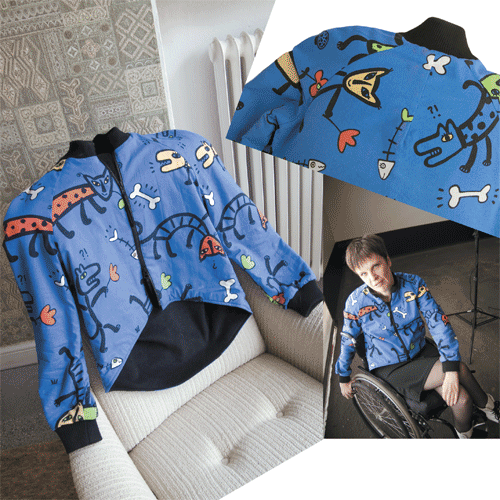 Collage with photos of colourful everyday jacket in cotton with lining of fleece.