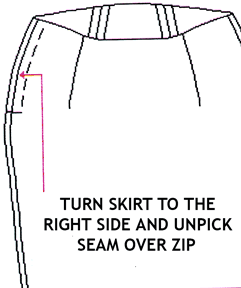 Turn skirt and unpick seam over zip