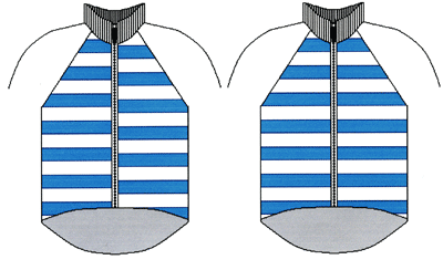 Examples of jackets out of striped fabric, left one has non-matching stripes on each side of zip