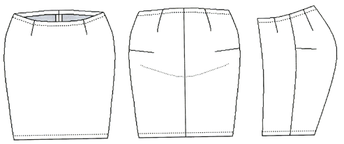 Skirt without waistband front, back and sideways