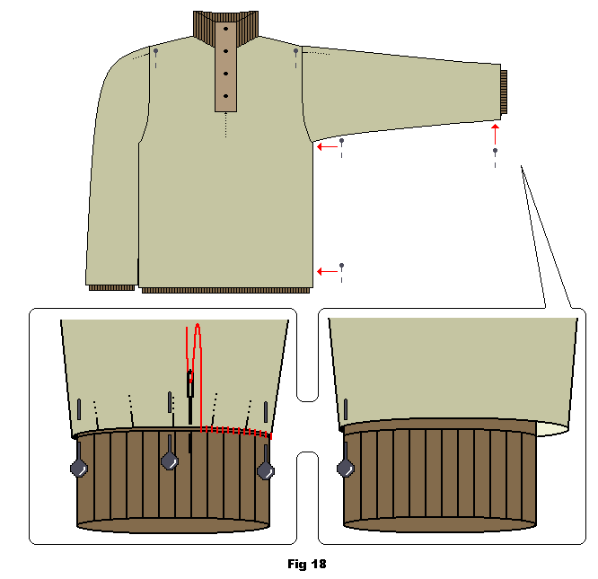 Anchor the lining to the sweater with pins. Attach the folded under cuff of the lining to the sweater's cuff. Hand stitch into place.