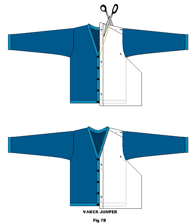 Cut the neck line out using the same technique of cutting small cuts and following the seam line.V-neck jumper.