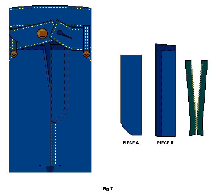 Jeans/pants with removed zip and pieces of facing.