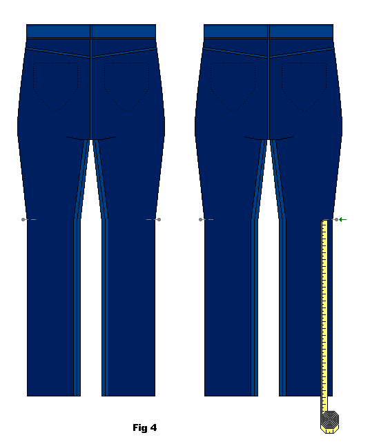 On the back side of the jeans/pants measure the height of the pin from the bottom of leg. Measure and mark the same height on the inside of the leg.