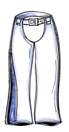 Chaps viewed from front with open zip along leg