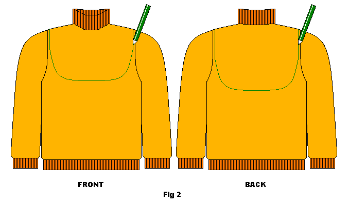 Polo neck sweater with example of moderate size back and front pieces marked for cutting.
