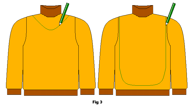 Polo neck sweater with examples of small and large size back and front pieces marked for cutting.