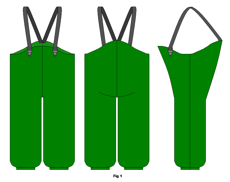 Rain/snow pants with elastic straps and clips.